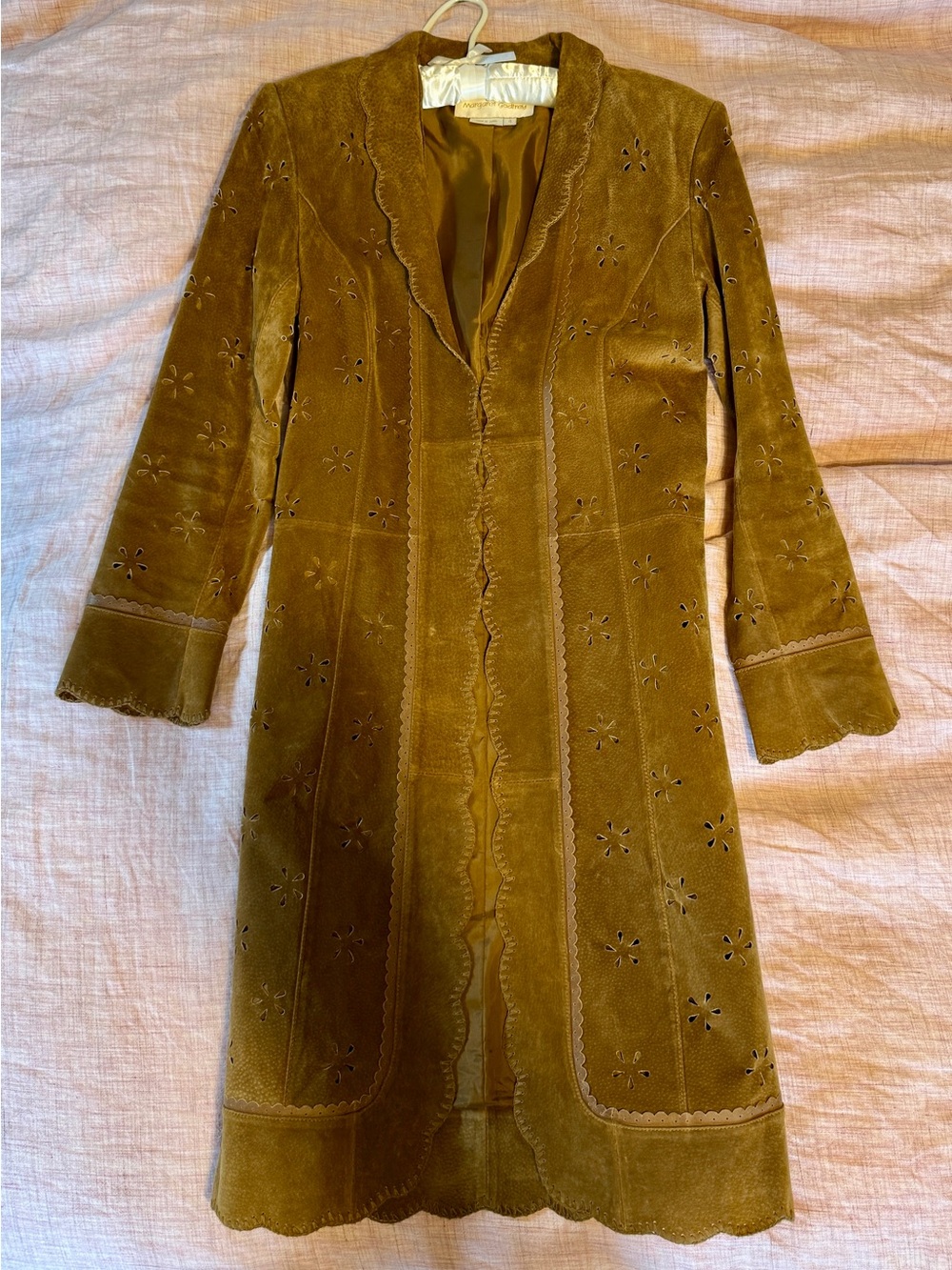 Scalloped Suede Trench Coat in Brown - Picture 2 of 8